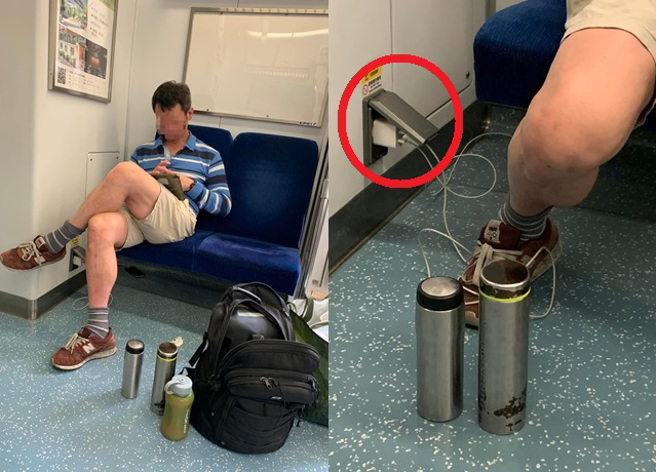 有名正妹拍下一名「无罩男」在台铁上脱口罩，又插着列车上110V插座充电，通报列车长仅被回覆「对方在钻漏洞」。（翻摄自脸书爆怨公社）