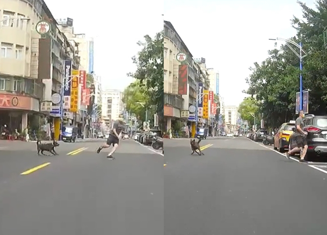 有名騎士因見一名路人穿越馬路至一半按喇叭示警，豈料，卻看到路人被狗追，他的喇叭聲也嚇跑該犬隻。（翻攝自臉書爆怨2公社）