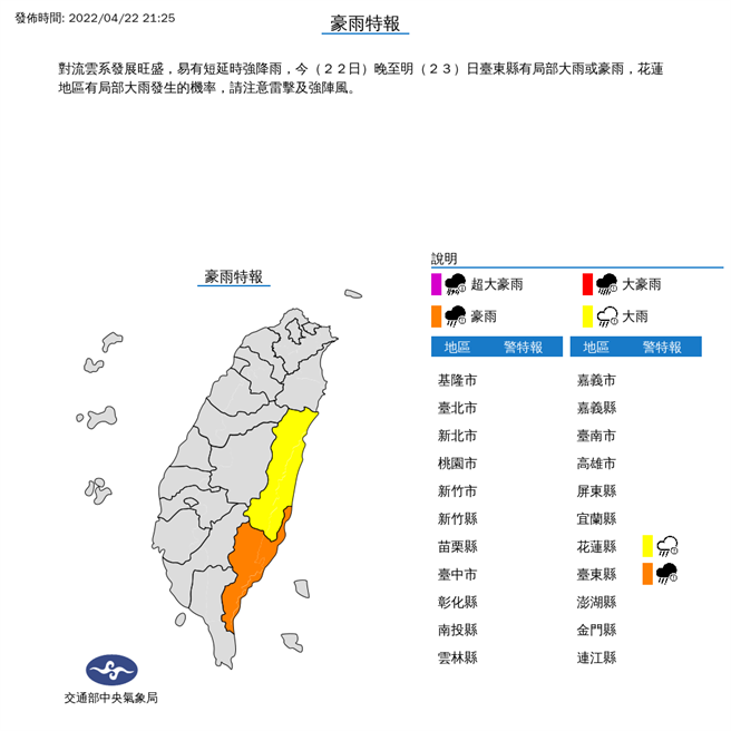 中央气象局资料显示台东县几乎全数乡镇皆达豪雨等级。（摘自中央气象局网站）