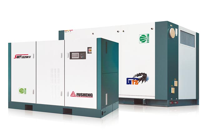 SWT无油螺旋式空压机、GTS系列离心式空气压缩机，协助客户提升无油式空压机能源使用效率。图／业者提供