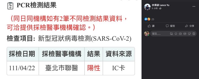 余秉諺秀出檢驗陽性結果。（圖／翻攝余秉諺臉書）