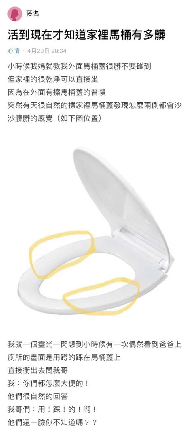 女网友发现家中马桶脏脏沙沙的，回想起小时候曾意外看到父亲「蹲坐在马桶上」如厕，后来一问之下，才得知原来全家人都是蹲坐，让她超崩溃。（翻摄自Dcard）