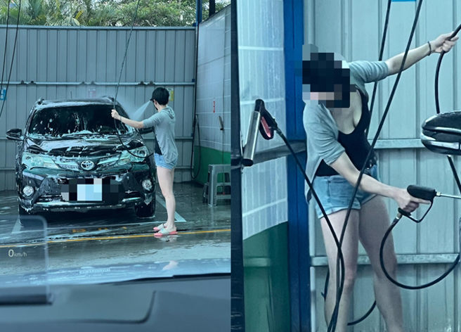 有名男子因去自助洗车场排队等洗车，突然被眼前美景吸引住，一位短髮俏丽正妹露出白皙美腿在洗车。（翻摄自脸书爆废公社公开版）