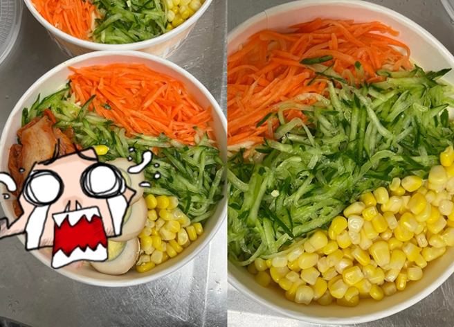 有名女子PO上自己做的涼麵要賣300元，且比昨日多增加3樣菜，卻遭網友砲轟「賣金字塔尖端客人嗎」。（翻攝自臉書爆廢公社公開版）