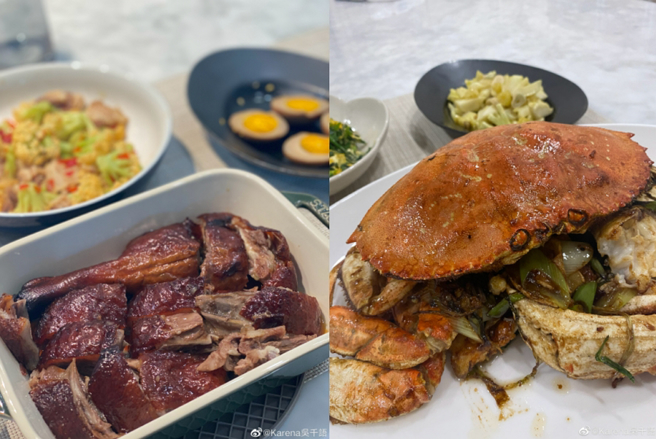 人在上海的吳千語經常曬出用豐富食材料理的佳餚，被網友形容「餐餐如米其林」，和其他根本吃不飽的上海居民彷彿是平行時空。(圖/ 摘自Karena吳千語微博)