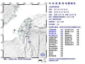 18：23花蓮外海規模5.6地震 最大震度2級 全台有感