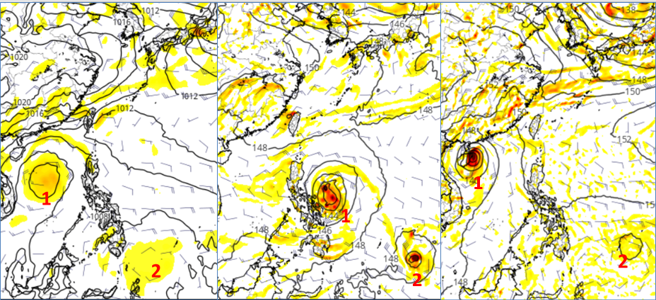 最新(23日20時)歐(左圖)、美(中圖)、加(右圖)模式，模擬5月1日20時850百帕渦度圖顯示，在南海或菲律賓東方有「熱帶擾動(1)」發展，並皆有向東北緩慢迴轉的趨勢。在菲律賓東方海域則另有1個「熱帶擾動(2)」發展。由於理論限制，熱帶擾動的位置、強度及動向，皆存有顯著差異。(翻攝自 三立準氣象· 老大洩天機)

