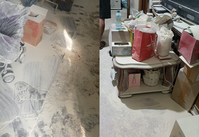 遭恶邻居骚扰长达10年，日前持灭火器从她家阳台狂喷，屋内一散满白粉。（图/翻摄自爆怨公社）