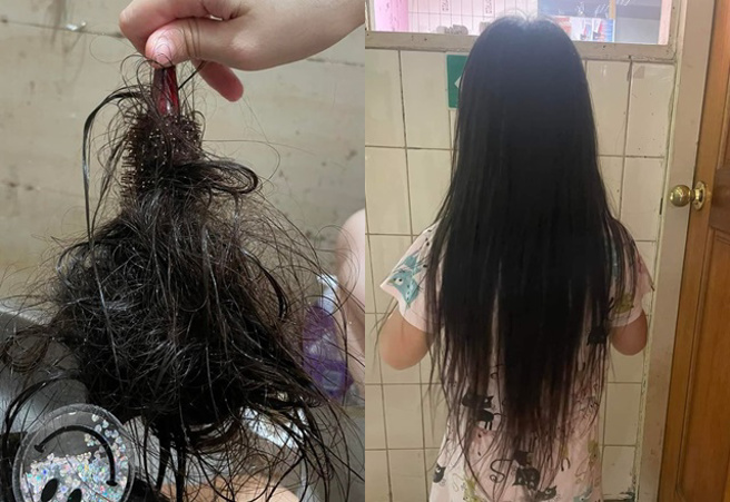 女网友崩溃发文，就读中班的女儿，调皮得拿卷梳梳头以为可以变卷髮，不料竟让头髮成死结卡在梳子内。（图／翻摄爆废公社）