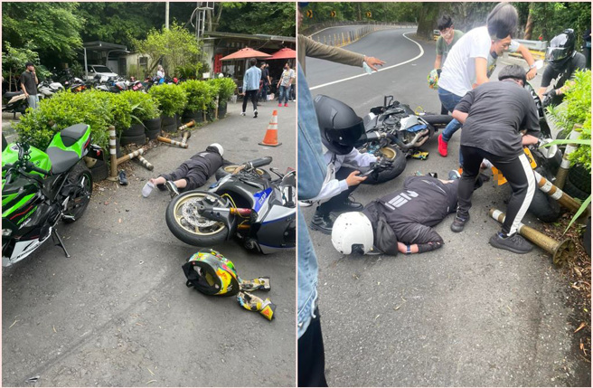 有车友分享重机跑山自摔车祸，更惨的是，还剷到2人1车1相机，价值42.5万起跳。（翻摄脸书《重机车友❘各区路况、天气回报中心》）