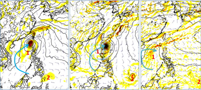 最新(24日20時)歐(左圖)、美(中圖)、加(右圖)模式，模擬3日20時850百帕渦度圖顯示，在南海有「熱帶擾動(1)」發展，並皆有向東北緩慢迴轉(淺藍線)的趨勢。在菲律賓東方海域則另有1個「熱帶擾動(2)」發展。(圖擷自tropical tidbits)

