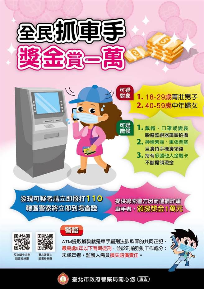 刑警大队表示民眾若提供线索因而破案者，每案颁发奖金1万元。（北市刑警大队提供）