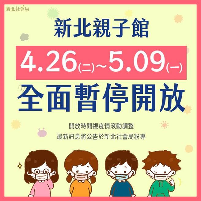 新北市社會局今在臉書宣布，新北親子館及公共親子中心26日全面暫停開放至5月9日。（擷取自新北市社會局臉書）