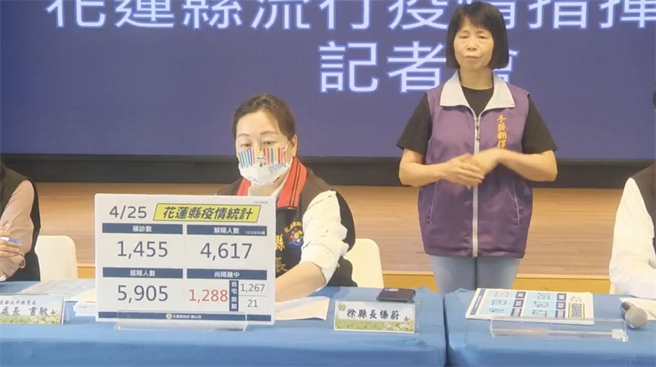 花莲县长徐榛蔚说明今天新增151例「通报」确诊个案。（罗亦晽翻摄）