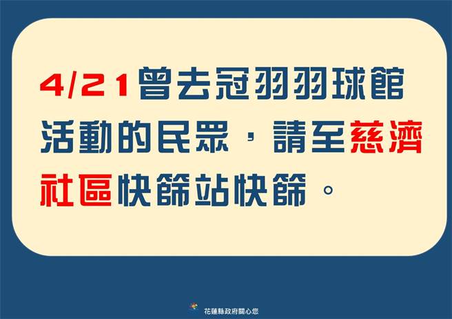 花莲新增151中，社区感染有48人，且其中1名个案21日曾赴冠羽羽球馆活动，因该处为密闭空间，县府呼吁当天曾前往场馆运动儘速前往慈济医院快筛。（花莲县政府提供／罗亦晽花莲传真）