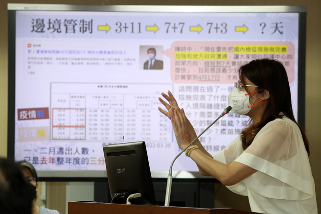 国民党立委郑丽文（见图）25日在立法院内政委员会质询指出，行政院长苏贞昌拍板缩短本土隔离期，询问入境隔离期是否也该调整？内政部次长陈宗彦答询表示，须视国内疫情与相关措施状况才能决定，现在还不适合调整边境管制，会暂时维持10天隔离期。（刘宗龙摄）