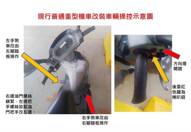 交通部表示，為使更多肢體障礙者能以改裝特製車考領大型重型機車駕駛執照，因此參考現行普通重型機車改裝型態。（交通部提供／陳祐誠傳真）