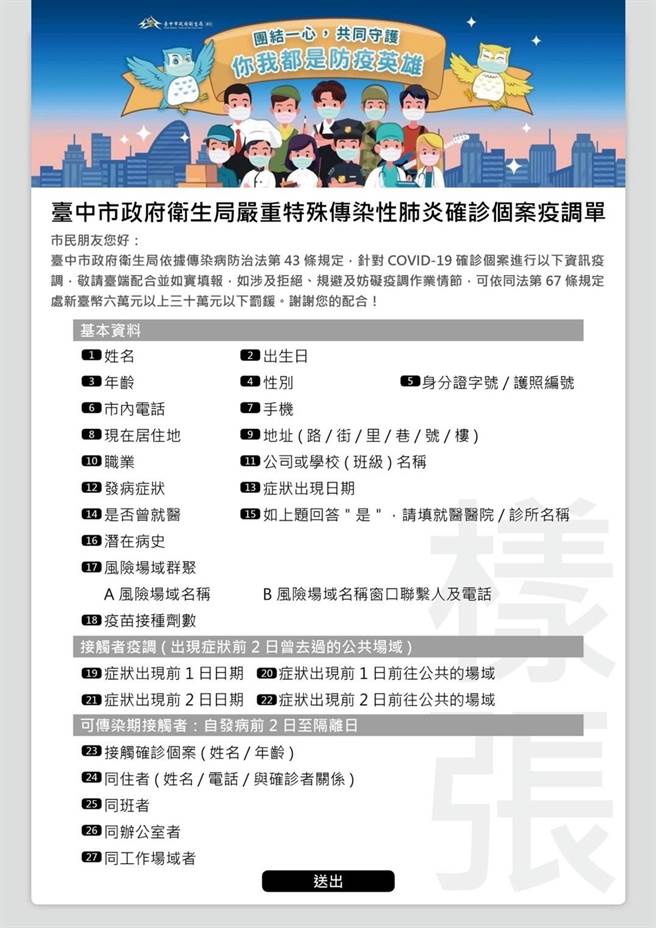 台中市因應居隔3＋4天新制推出「確診個案疫調單」與「接觸者簡易疫調單」。（台中市政府提供）