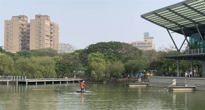 台南市政府上个月派工前往南瀛绿都心公园景观湖捕捞鱼虎，仅捕到1只，后续相关捕捉计画也无下文。（台南市政府提供／张毓翎台南传真）