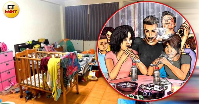 高雄一间「毒窟」内住了大人、小孩共16人，大人在家中吸毒，小孩从小处在毒品烟雾环绕的环境中，令承办员警咋舌。（图／翻摄画面、CTWant合成）