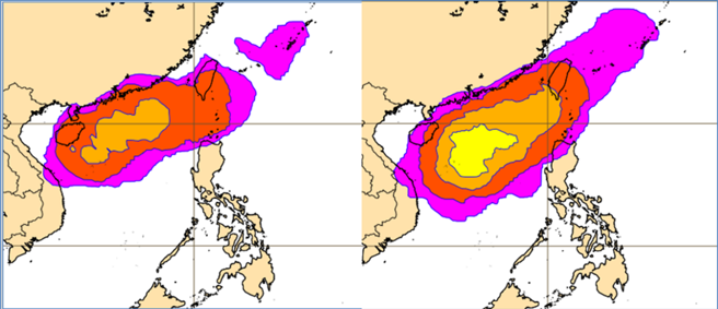最新(26日20時)歐洲(ECMWF)系集模式，模擬至4日止的機率分布(左圖)顯示，熱帶擾動有向東北的趨勢，但其機率分布的範圍寬廣，反映其不確定性；比較25日20時模擬至4日止的機率分布(右圖)，機率空間分布雖類似，但機率值明顯調低。(翻攝自ECMWF/三立準氣象· 老大洩天機)

