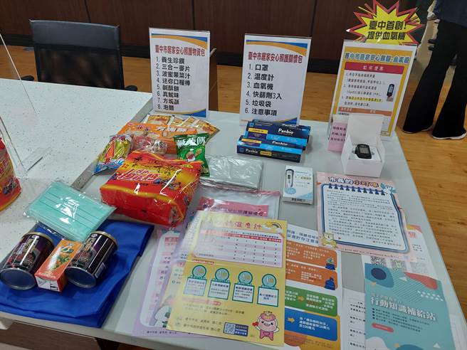 台中市成立「居家安心照护关怀中心」，派送关怀包内除有口罩、试剂、温度计等防疫物资，还首创提供血氧机，供确诊者时时自我监测健康情况。（谢琼云摄）