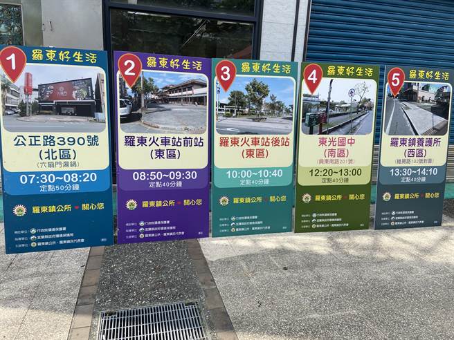 公所新增的5個定時定點區，從早上7點30分在北區的公正路390號（六扇門湯鍋），接著是上午8點50分東區的羅東火車站前站與上午10點的後站、中午12點20分南區的東光國中，最後一站為下午1點30分西區的羅東鎮養護所。（吳佩蓉攝）