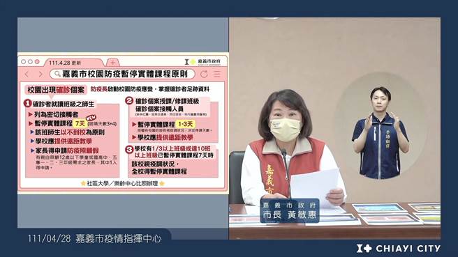 嘉义市长黄敏惠说明全市有81家药局可以实名制买快筛试剂。（嘉义市政府提供／廖素慧嘉市传真）