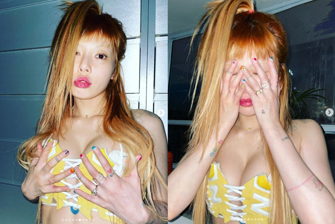 泫雅近日把运动鞋当上衣，D奶因为绑太紧差点要撑坏衣服，画面喷鼻血。(图/ 摘自泫雅IG)