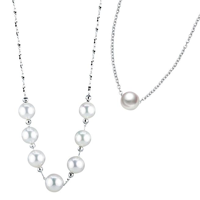 大葉高島屋的引雅珠寶日本進口母女姊妹款AKOYA珍珠18K項鍊+單顆頸鍊，原價3萬5700元，特價1萬9800元。（大葉高島屋提供）