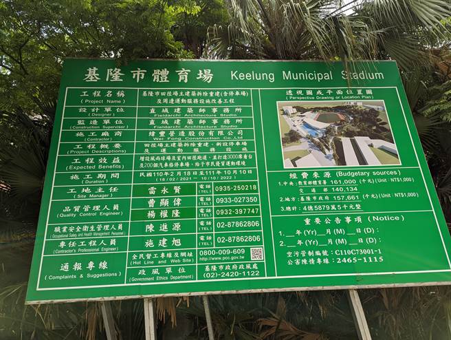 基隆市田径场施工告示，标明完工日期在2022年10月10日。（陈敬哲摄）