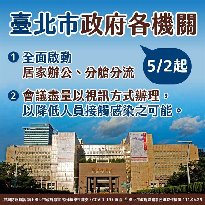 黄珊珊今在疫情记者会宣布，5月2日起市府单位办公全动分舱分流，落实居家办公和远距开会。（北市府提供／游念育台北传真）