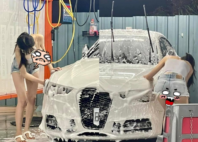 男子到自助洗車場洗車，驚見眼前正妹彎腰露出「碗公UU」，害他一直看還來不及洗車子。（翻攝自臉書爆廢公社）