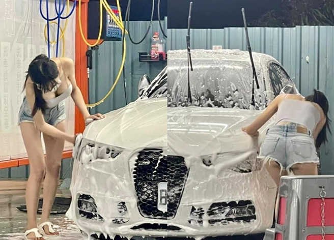 男子到自助洗車場洗車，驚見眼前正妹彎腰露出「碗公UU」，害他一直看還來不及洗車子。（翻攝自臉書爆廢公社）