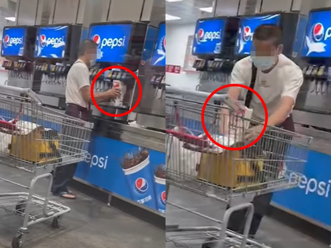 有名网友直击1名男子在好市多饮料机前用「牛奶利乐包」狂装可乐，超扯「牛奶变可乐」手法让其他网友痛批「毫无水准可言」。（翻摄自脸书「爆料公社二社」）