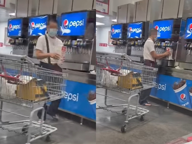 有名网友直击1名男子在好市多饮料机前用「牛奶利乐包」狂装可乐，超扯「牛奶变可乐」手法让其他网友痛批「毫无水准可言」。（翻摄自脸书「爆料公社二社」）