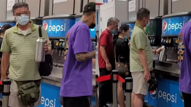 先前也有网友直击有男子在没购买任何热食下，拿起自己的大水壶「冰霸杯」狂装饮料，让眾人看了猛摇头「怎不乾脆整台搬回家」。（翻摄自爆废公社二馆）