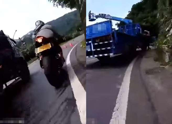 重機在山路出彎遇見工程車緊急閃避又急煞，差點撞到工程車支撐架爆頭。（翻攝自臉書重機車友 ❘ 各區路況、天氣回報中心）