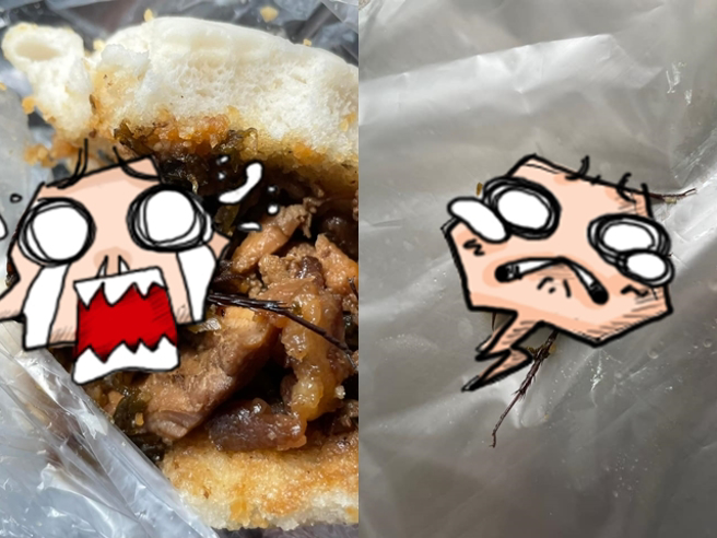 1名網友日前在北市知名割包店買了1份割包後，竟發現裡頭有隻「身首異處」的蟑螂，該蟑螂就夾在控肉與酸菜之間，不仔細看還看不出來。（翻攝自臉書「爆料公社」）