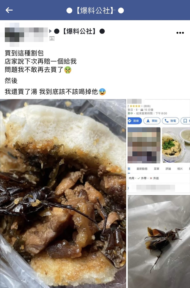1名網友日前在北市知名割包店買了1份割包後，竟發現裡頭有隻「身首異處」的蟑螂，該蟑螂就夾在控肉與酸菜之間，不仔細看還看不出來。（翻攝自臉書「爆料公社」）
