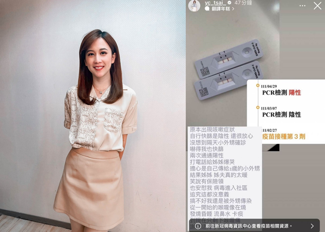 东森主播蔡依臻透露自己确诊。（图／翻摄自yc_tsai_ IG）