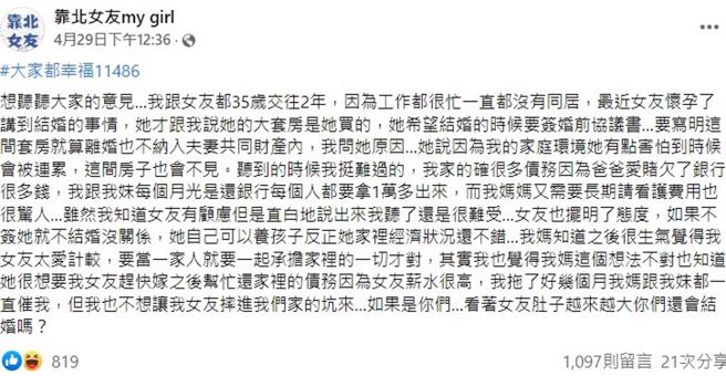 网友发文询问大家意见。（图／翻摄自脸书社团「靠北女友my girl」）
