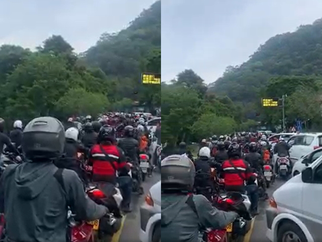 南横復通不少塞车画面在网路曝光，只见马路上有「整片骑士人头」塞在路中，还有骑士索性将车停在路中，甚至有人直接逆向超车。（翻摄自脸书「骑车环岛趣」）