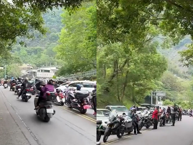 南横復通不少塞车画面在网路曝光，只见马路上有「整片骑士人头」塞在路中，还有骑士索性将车停在路中，甚至有人直接逆向超车。（翻摄自脸书「记者爆料网」）