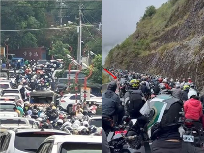 南横復通不少塞车画面在网路曝光，只见马路上有「整片骑士人头」塞在路中，还有骑士索性将车停在路中，甚至有人直接逆向超车。（翻摄自脸书「记者爆料网」）