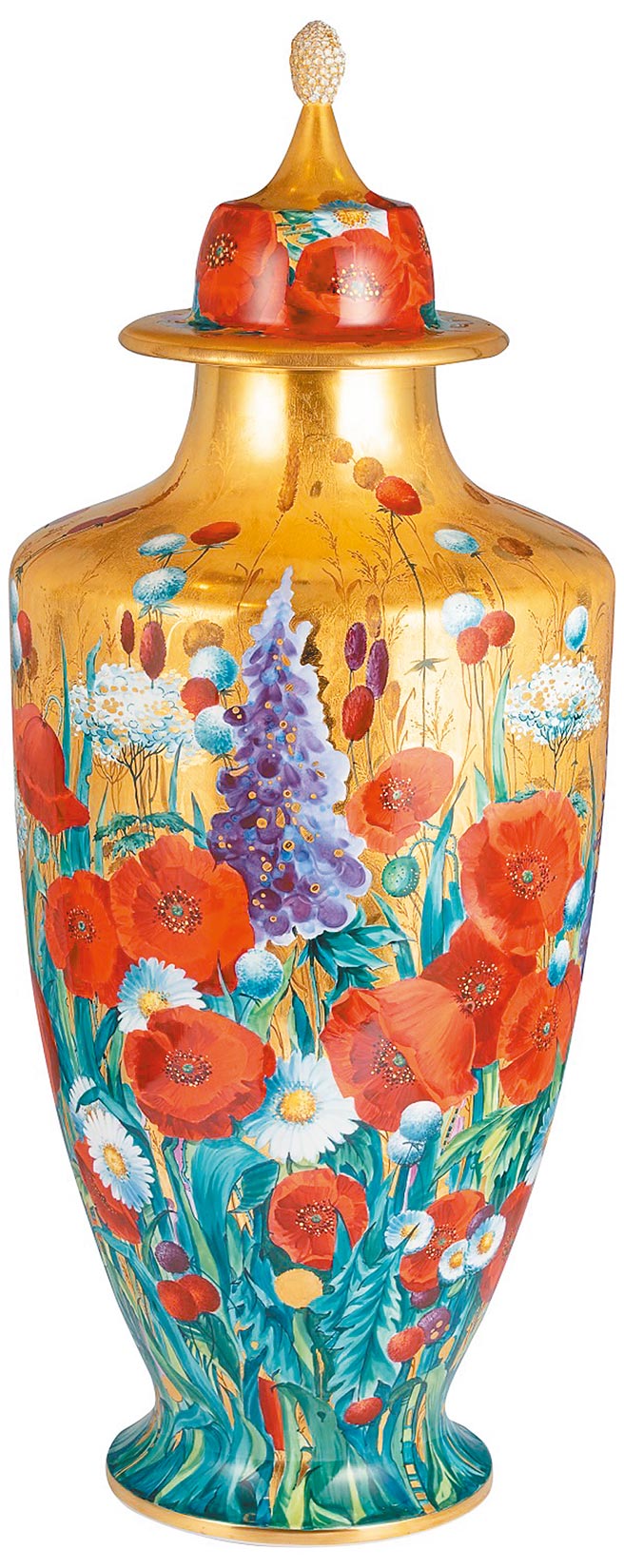 《春光花自浓》花瓶，以黄金表达阳光的绚丽是史蒂芬‧米柯奇（Steffen Mikosch）的惯用技法，而这座高达102公分的硕大花瓶，窑烧与彩绘更加困难。面对这座深情缤纷的花瓶，彷佛温暖阳光也照耀在我们的脸庞而炙热了起来。（麦森提供）