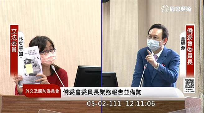 国民党立委林奕华质询侨委会委员长童振源。（摘自国会频道直播）