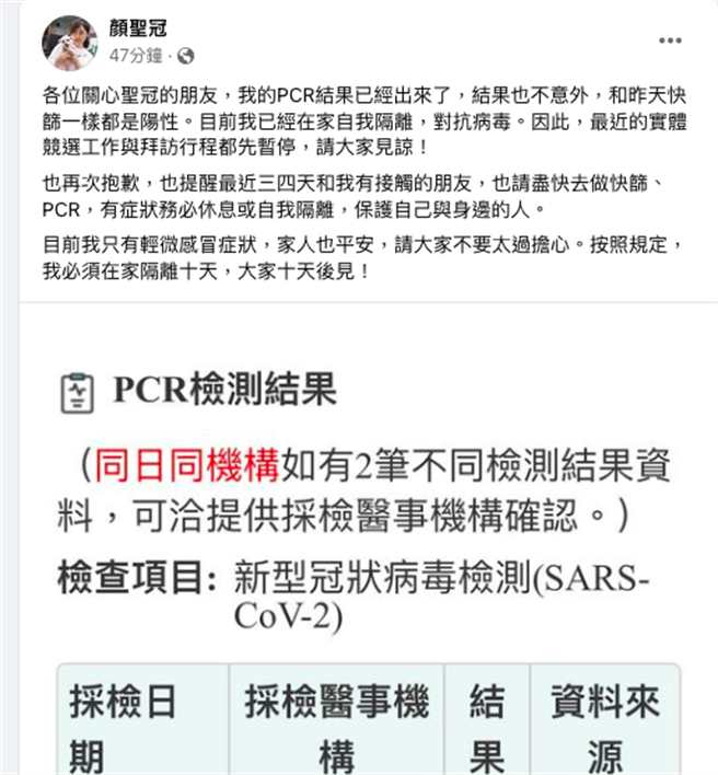 前台北市议员顏圣冠自曝确诊，有轻微感冒症状。（摘自顏圣冠脸书／杨亚璇台北传真）
