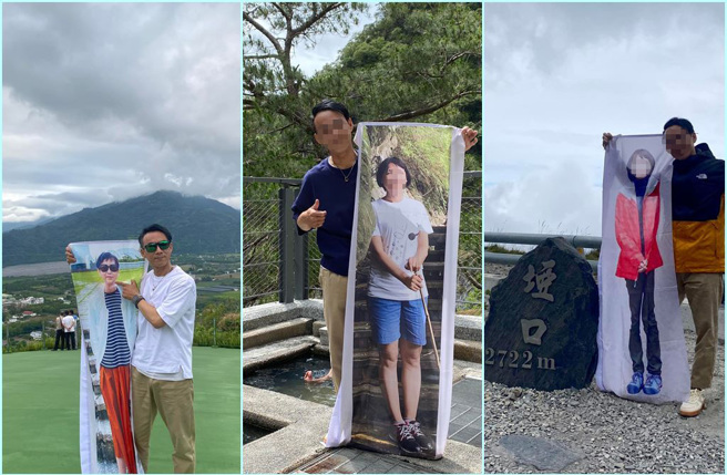 为实现对亡妻的承诺，男子制作妻子的布旗，两人一起走完南横，连戴墨镜、长短袖等细节都注意搭配，感动超过4万名网友。（翻摄脸书社团《骑车环岛趣》）