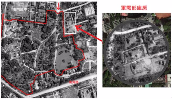 日军曾经将3箱黄金短暂储藏在台北植物园博爱路入口处不远的房舍中（见上图白色框及其右边的放大图）。这3座房舍当时是日军军需部办公室兼库房。战后，附近的房舍（包括其右方孙运璇纪念馆），都属于台湾银行的资产。2000年以后，房舍转手，盖上了台北首座豪厦－松涛苑。（照片 : 美军檔案；红线标示： 董景生，臺北植物园的典藏与展示；作者炳文提供）